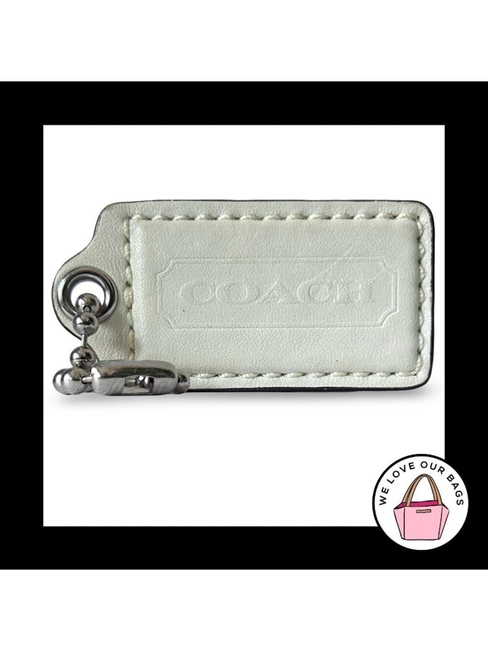 XL Huge COACH HANGTAG 3" Bone Chalk White Leather Nickel Bag Charm Keychain Fob
